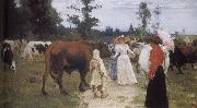 Ilia Efimovich Repin Girls and cows oil on canvas
